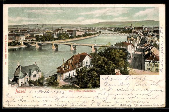 Cartoline postali: Basel, Stadtansicht mit 3. Rheinbrücken – Usato da Berlin venduto da bartko-reher