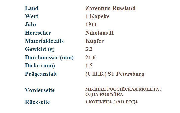 Tutti le monete: 1 Kopeke 1911 – Usato da Flamatt venduto da samowarow 1