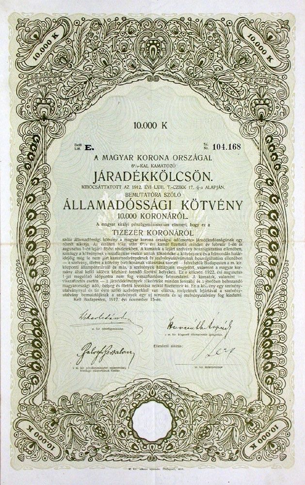 Documenti: 6% Königreich Ungarn, Budapest - 1917 – Usato da Solothurn venduto da Sgasche