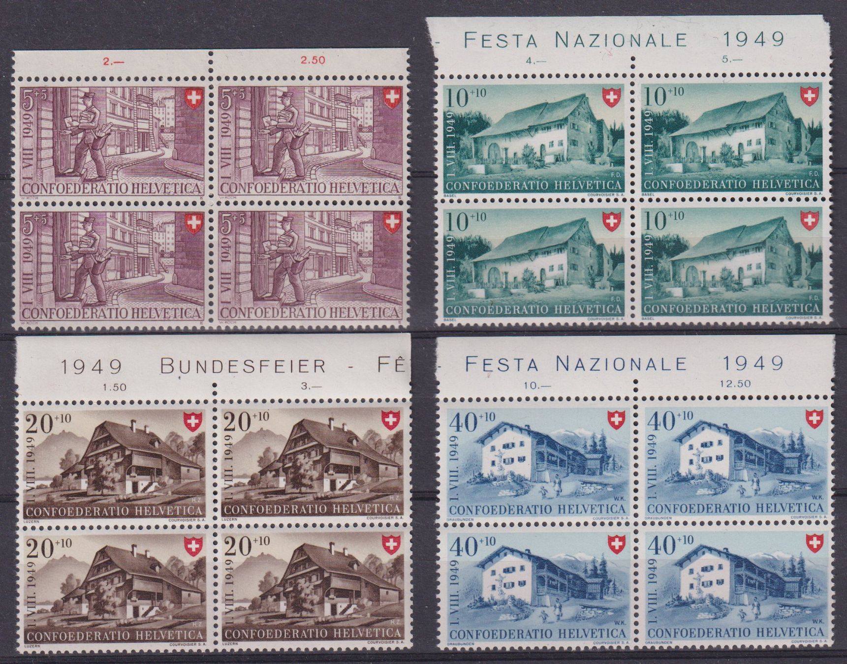 Tutti i francobolli: Pro Patria 1949: Serie 4erblocks ** – Nuovo (secondo la descrizione) da Eschlikon TG venduto da PhilCon