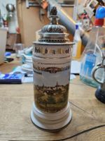 Bierkrug 1860 Zinn Deckel Porzellan Landschaft (T1)