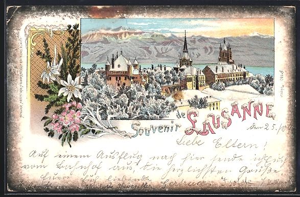 Cartoline postali: Winter-Lithographie Lausanne, Schloss Sa – Usato da Berlin venduto da bartko-reher