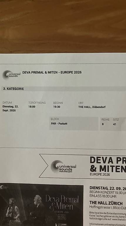 Tickets: DEVA PREMAL & MITEN - EUROPE 2026 22. Sept. – Neu (gemäss Beschreibung) aus Wittenbach von Gtschenk 1