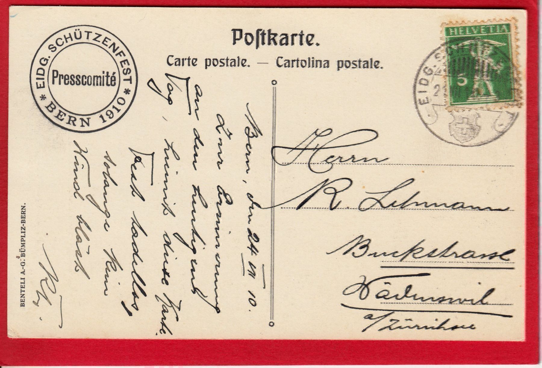 Cartoline postali: AK BERN EIDG. SCHÜTZENFEST 1910, STEMPEL – Usato da Grüningen venduto da Kartensammler 1