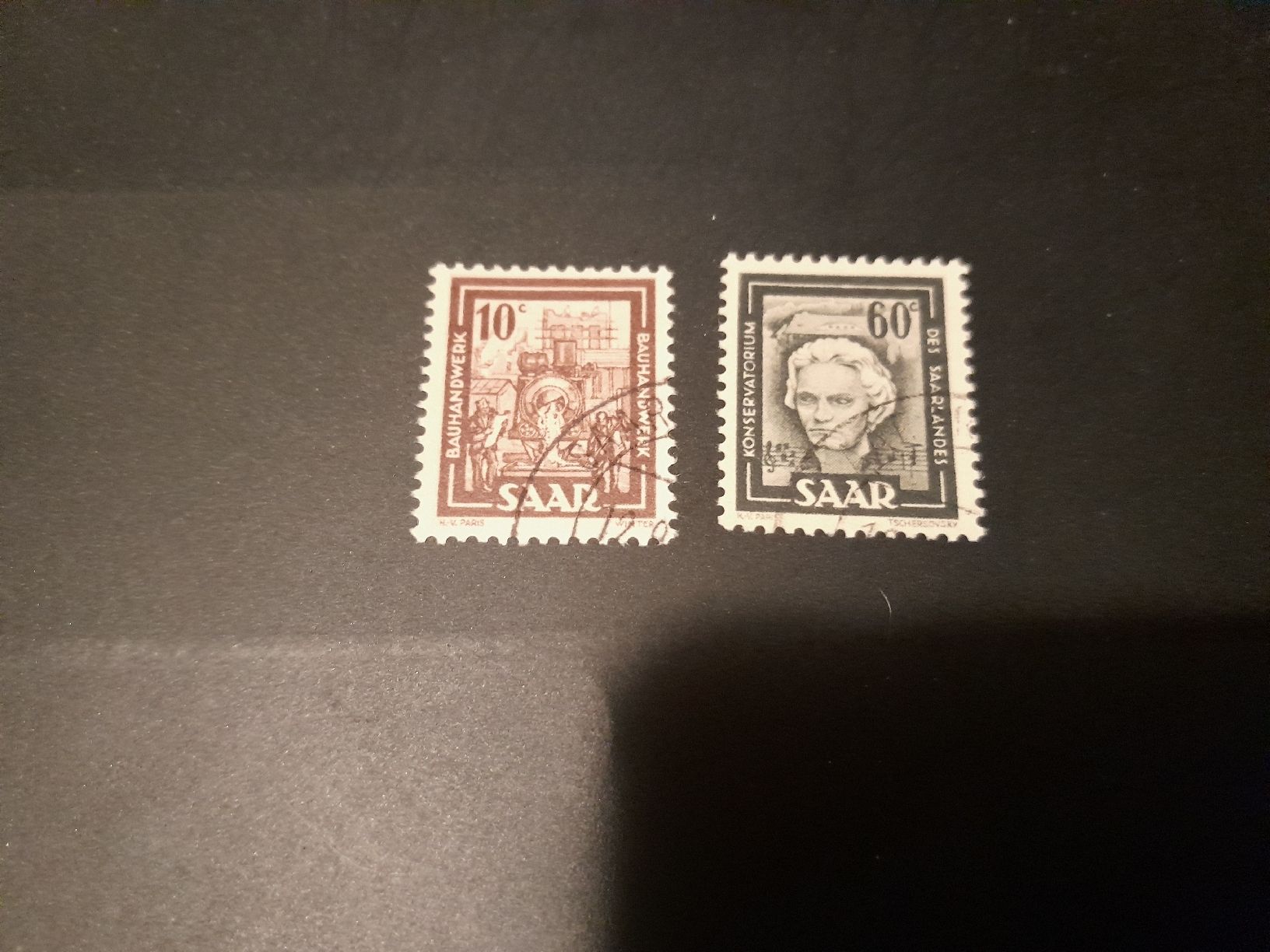 Alle Briefmarken: Sarre 2 timbres 1949 – Gebraucht aus Marly von globetrotter1723