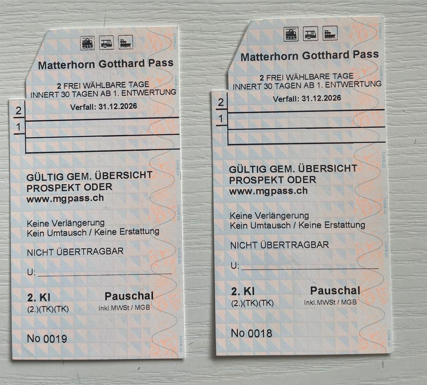 Biglietti: 2x zwei (2) Matterhorn-Gotthard-Bahn Tageskarten – Usato da Küssnacht am Rigi venduto da Marsto