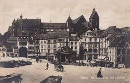 Basel, Barfüsserplatz mit Lohnhof, belebt, gelaufen 1926
