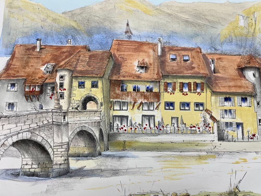 Grafica & Litografie: Robert Burkhard LITHOGRAPHIE ST.URSANNE SIGNIERT – Usato da Gersau venduto da grafik-kunst
