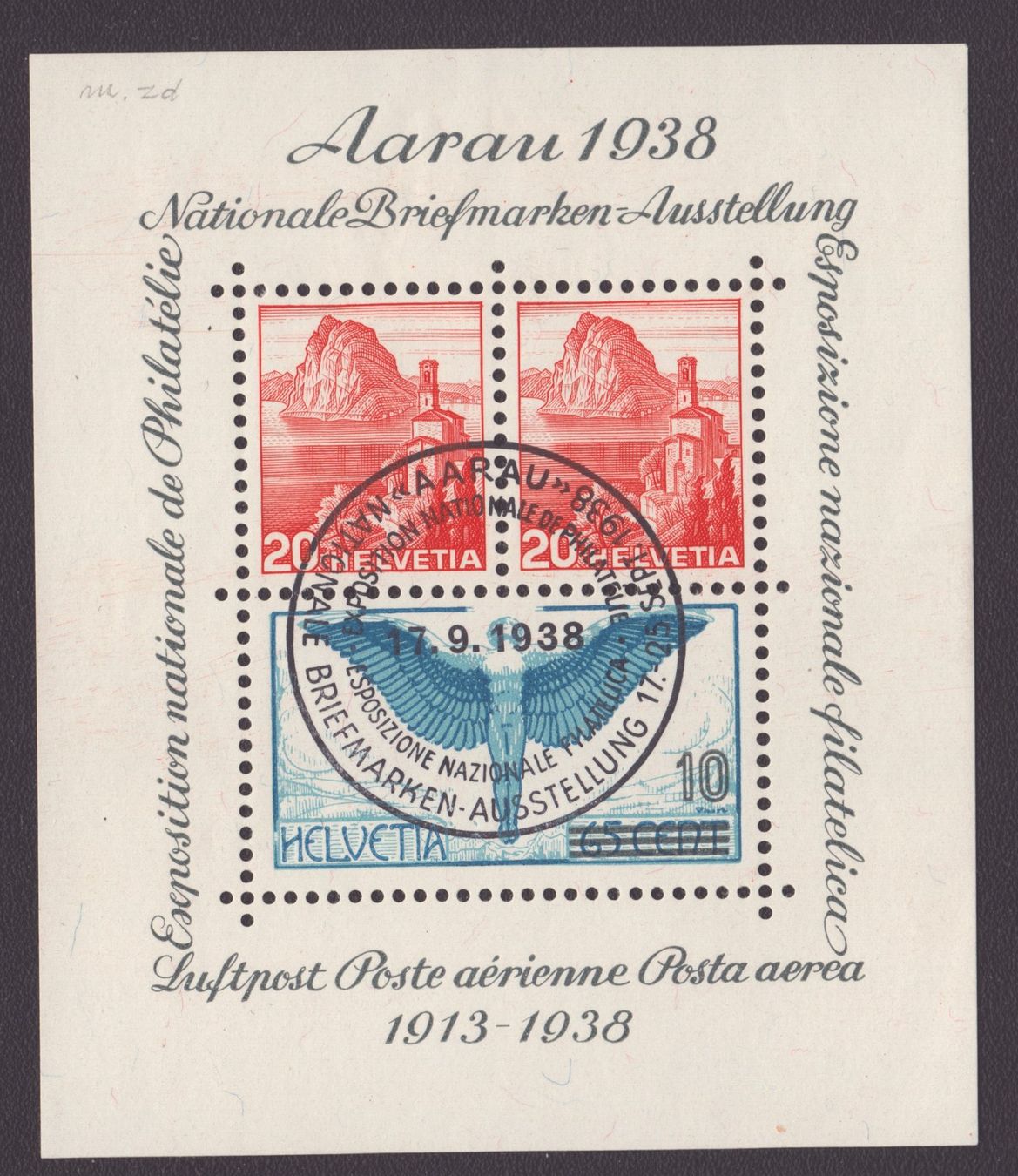 Tutti i francobolli: 1938 Bloc Aarau W11obl 17.9.1938 – Usato da Delémont venduto da Silte