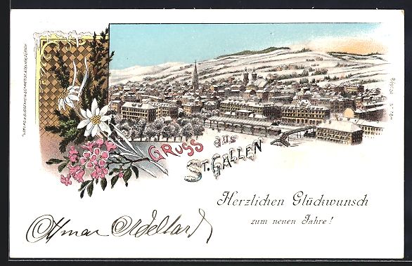Cartoline postali: Winter-Lithographie St. Gallen, Panorama – Usato da Berlin venduto da bartko-reher