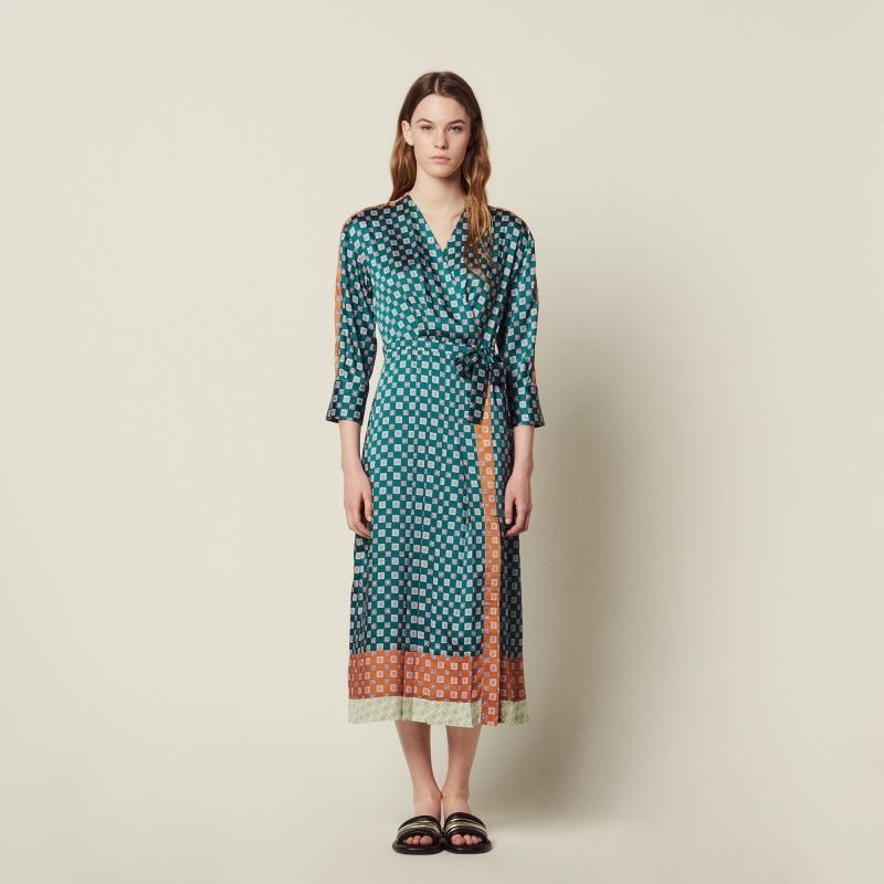 Sandro Vestiti: Sandro Satin Geometric Patchwork Midi Wrap Dress Wickelkleid – Usato da Münchenstein venduto da B771