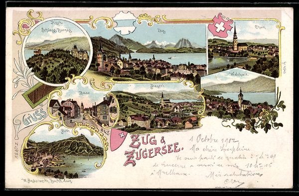 Cartoline postali: Lithographie Zug, Zugersee, Panorama – Usato da Berlin venduto da bartko-reher