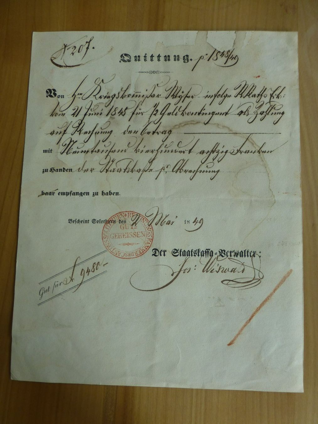 Dokumente: Solothurn, Quittung Nr. 207, 1849 – Gebraucht aus Bettlach von 1saurer