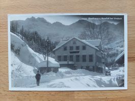 AK Echtfoto Urnäsch Gasthaus zum Rossfall, Pöstler, Auto