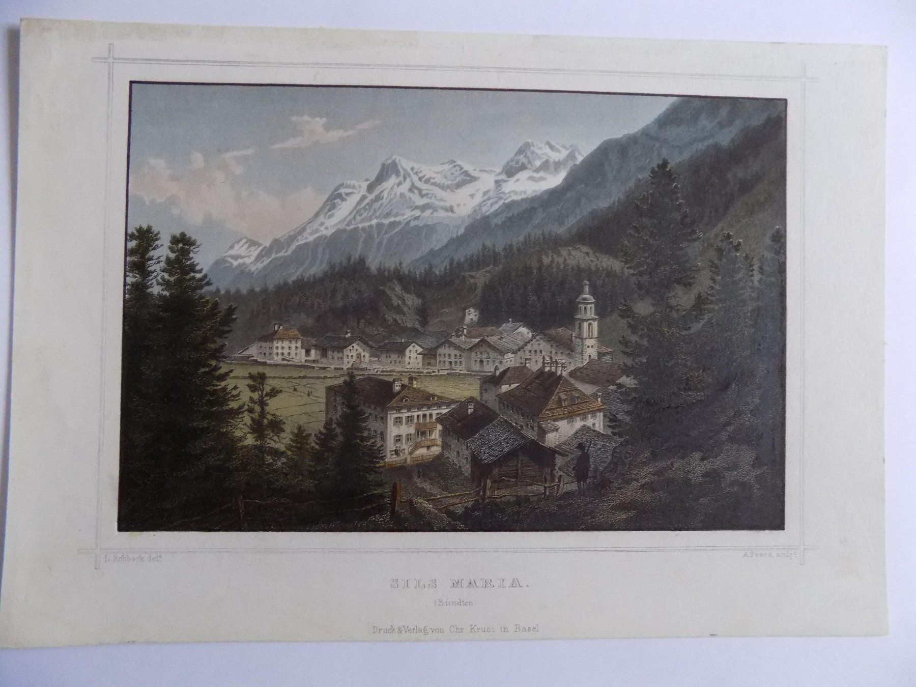 Incisioni: Sils Maria Engadin kolorierter Stahlstich Rohbock – Usato da Risch venduto da Antikfee