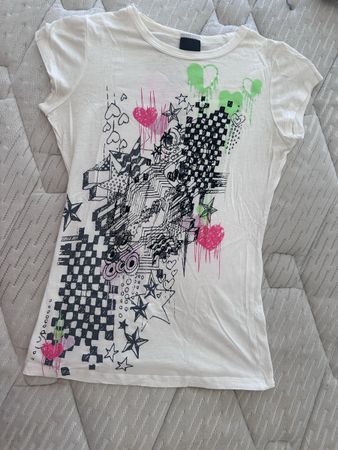 T-shirt femme blanc imprimé étoiles et cœurs taille S