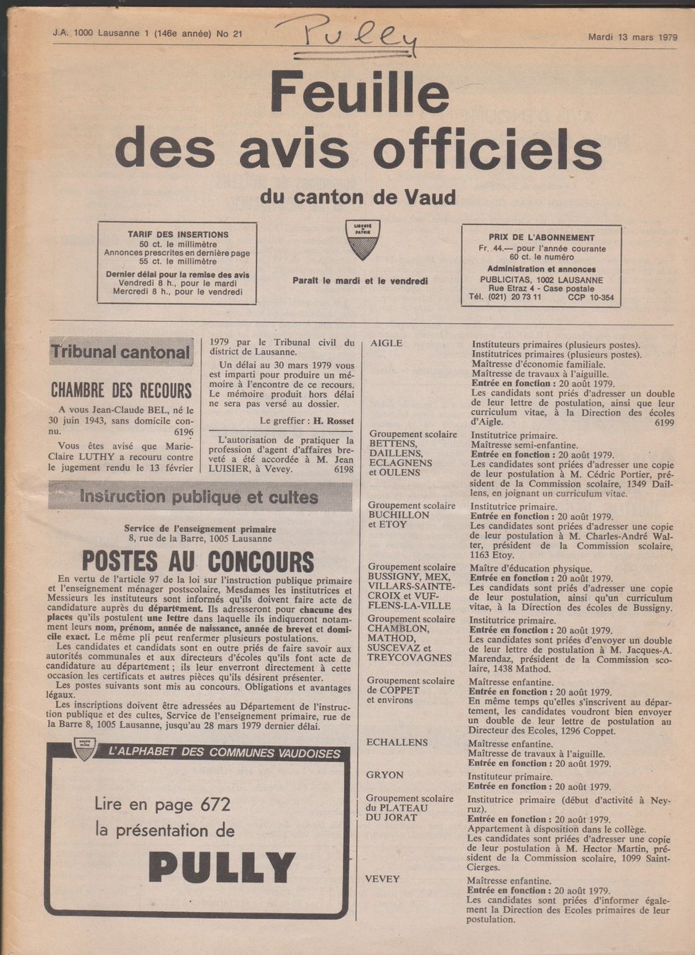 Dokumente: FAO mars 1979 - présentation commune de Pully .... – Gebraucht aus Bex von Canouille
