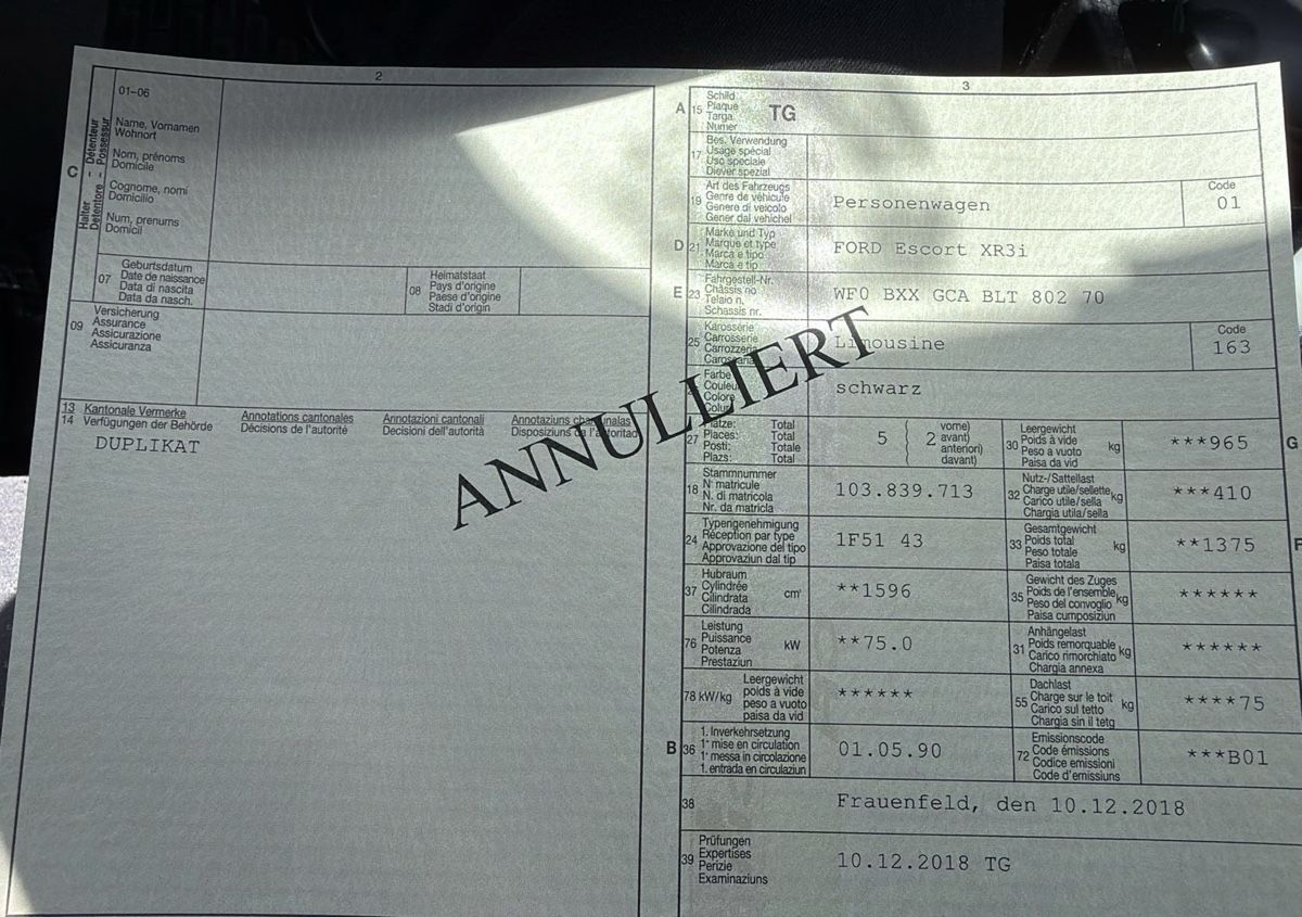 Ford Automobili: FORD Escort XR3i – Difettoso da Balterswil venduto da 899 9