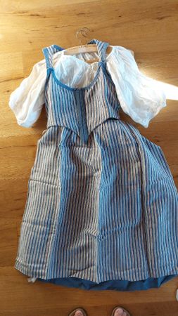 Berner Werktags-Tracht mit weisser Bluse blau gestreift gebr