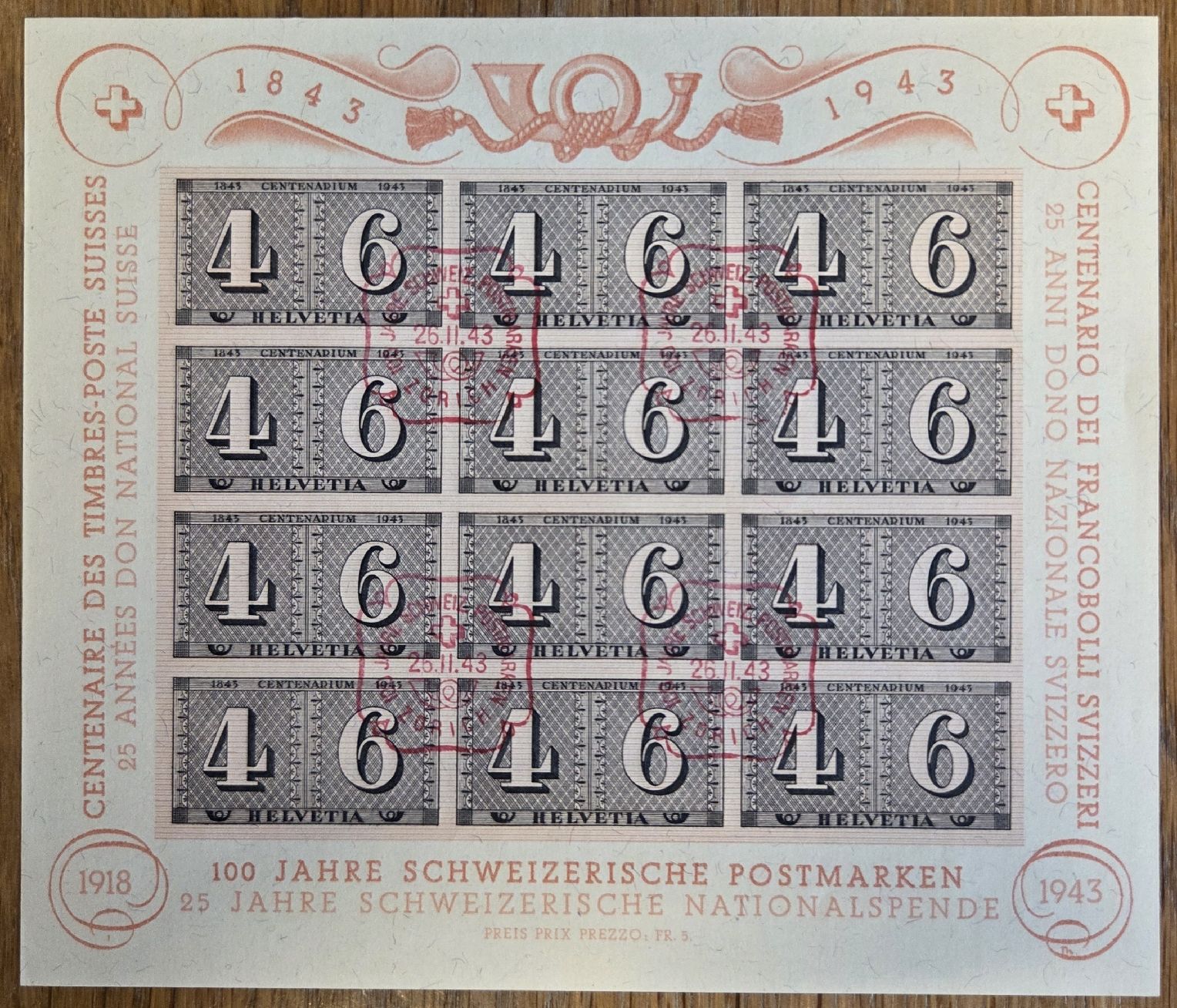 Tutti i francobolli: Markenblock 100 Jahre Schweizerische Postmarken 1918-1943 – Usato da Stans venduto da Ducati16 1