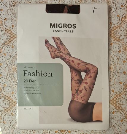 Migros Fashion Strumpfhose "Rosen Muster" 20den Gr.S Schwarz