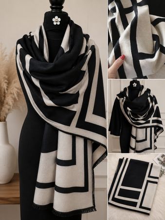 Sciarpa donna fantasia geometrica nero-beige nuovo