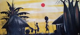 Aquarell auf Leinwand "Dorfleben" handgemalt