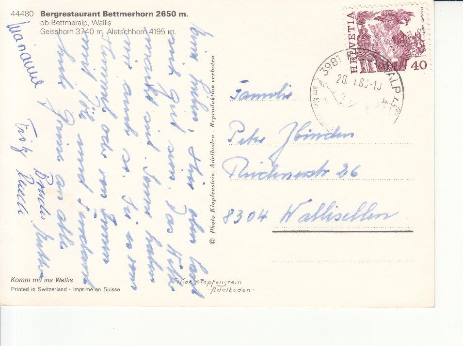 Cartoline postali: Bettmerhorn 1983 – Usato da Bürglen TG venduto da StampGraf 1