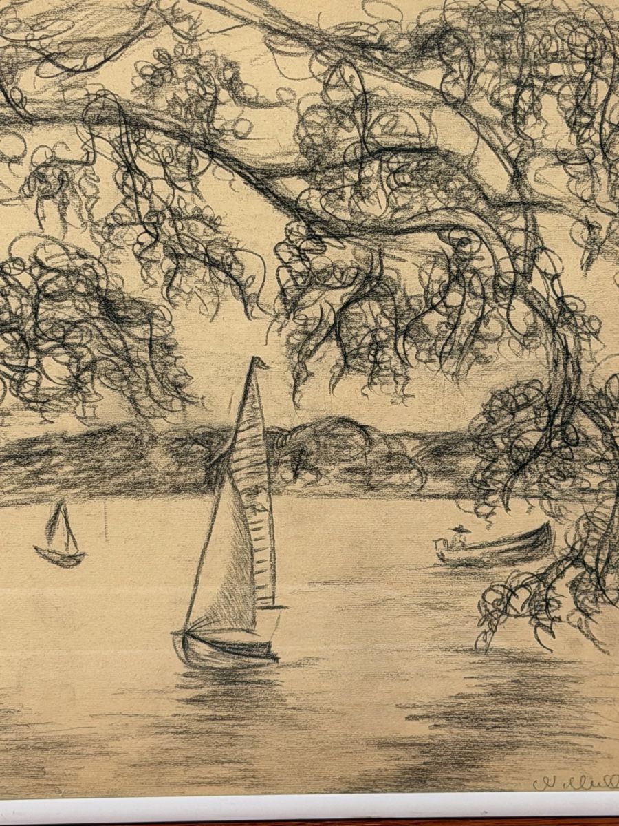 Dipinti: Framed Charcoal Drawing - Trees and Boats, signed Muller – Usato da Lausanne venduto da artnouveau05 2