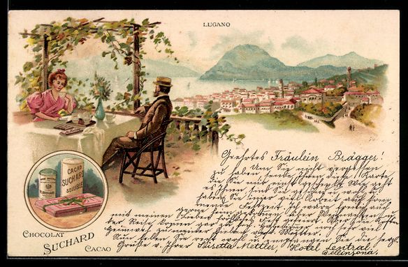 Cartoline postali: Litho Lugano, Paar blickt von der Terras – Usato da Berlin venduto da bartko-reher