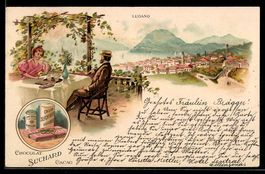 Litho Lugano, Paar blickt von der Terras