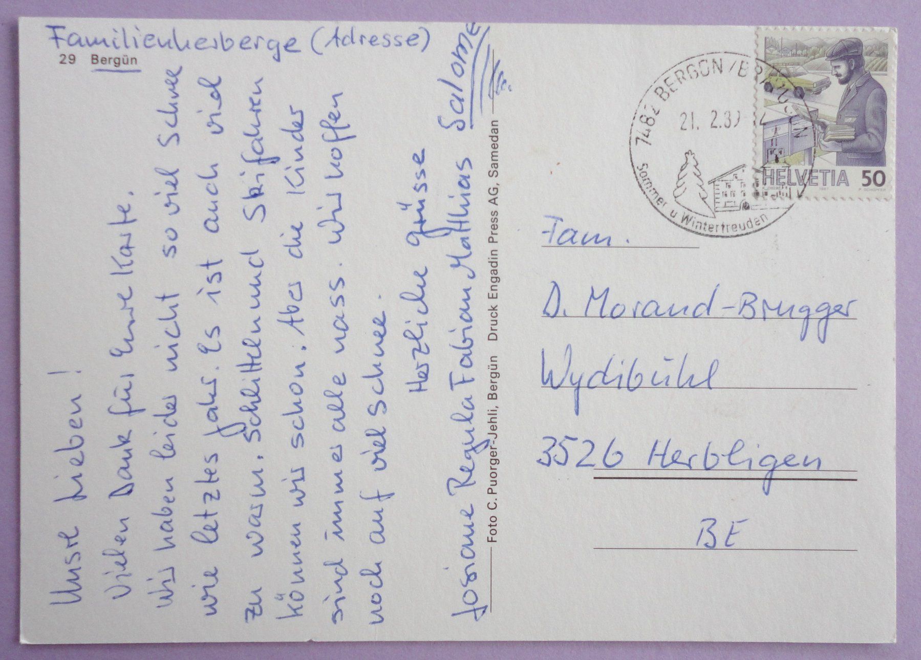 Cartoline postali: Bergün – Usato da Fétigny venduto da Billy2miny 1
