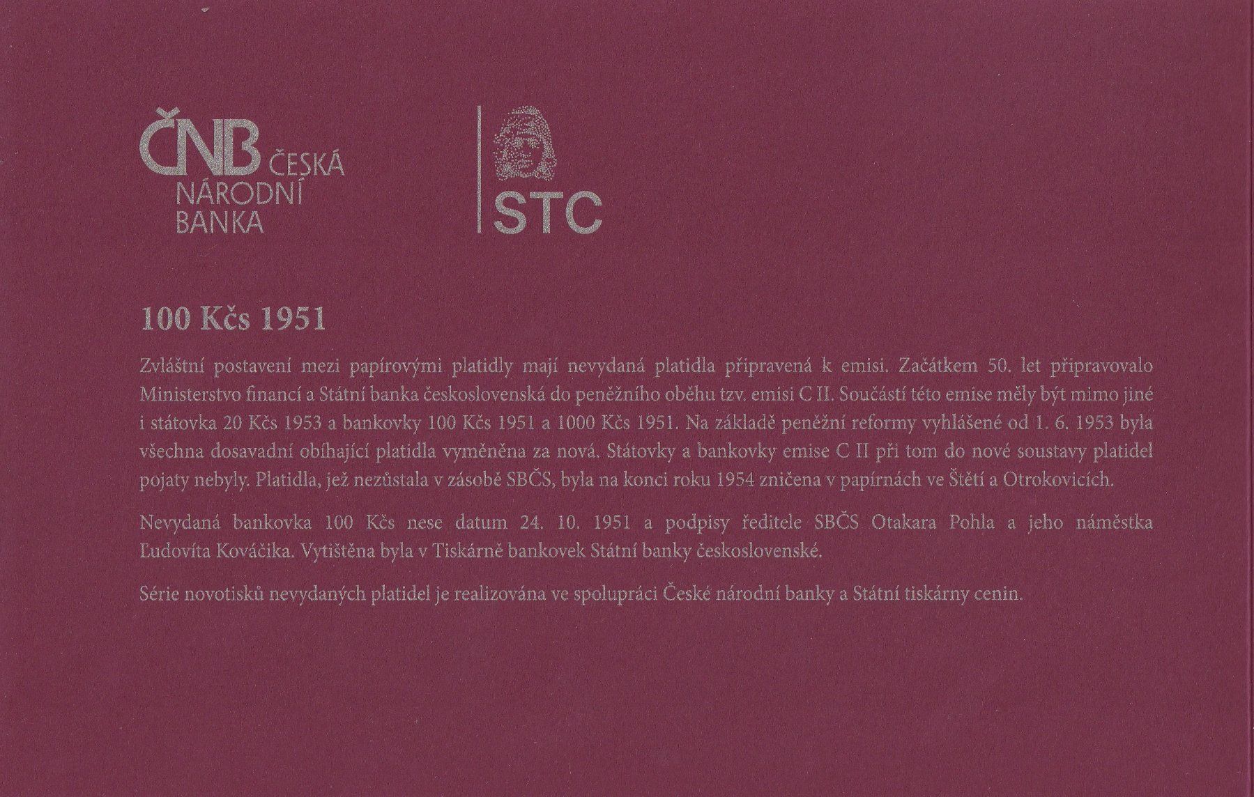 Banknoten: Tschechoslowakei 100 Korun UNC 1951 – Neu (gemäss Beschreibung) aus Naters von Radman 2