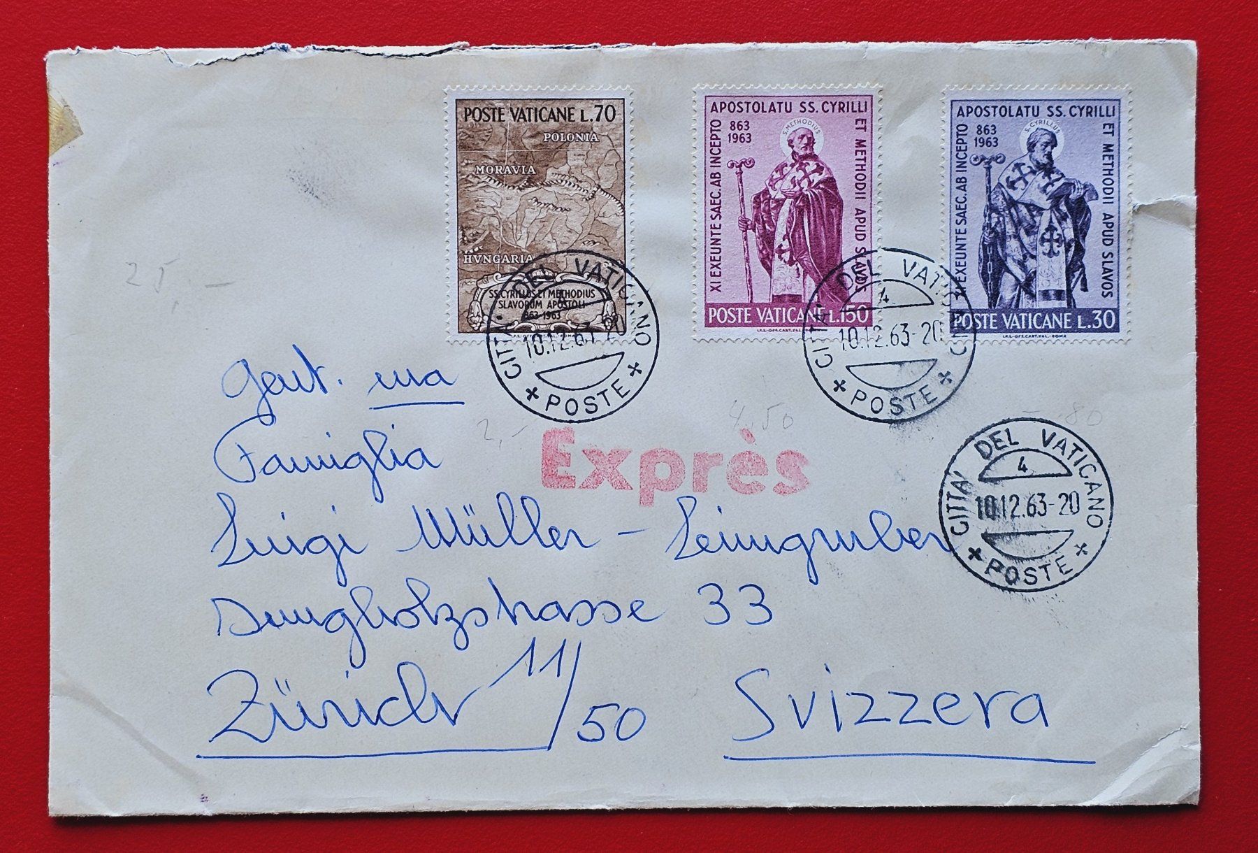 Tutti i francobolli: VATIKAN EXPRESS SATZBRIEF CYRILL METHOD SCHWEIZERGARDE 1963 – Usato da Düdingen venduto da Quartierstrasse
