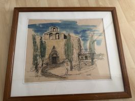Signiertes Aquarell / Zeichnung – Kirche in südlicher Landsc