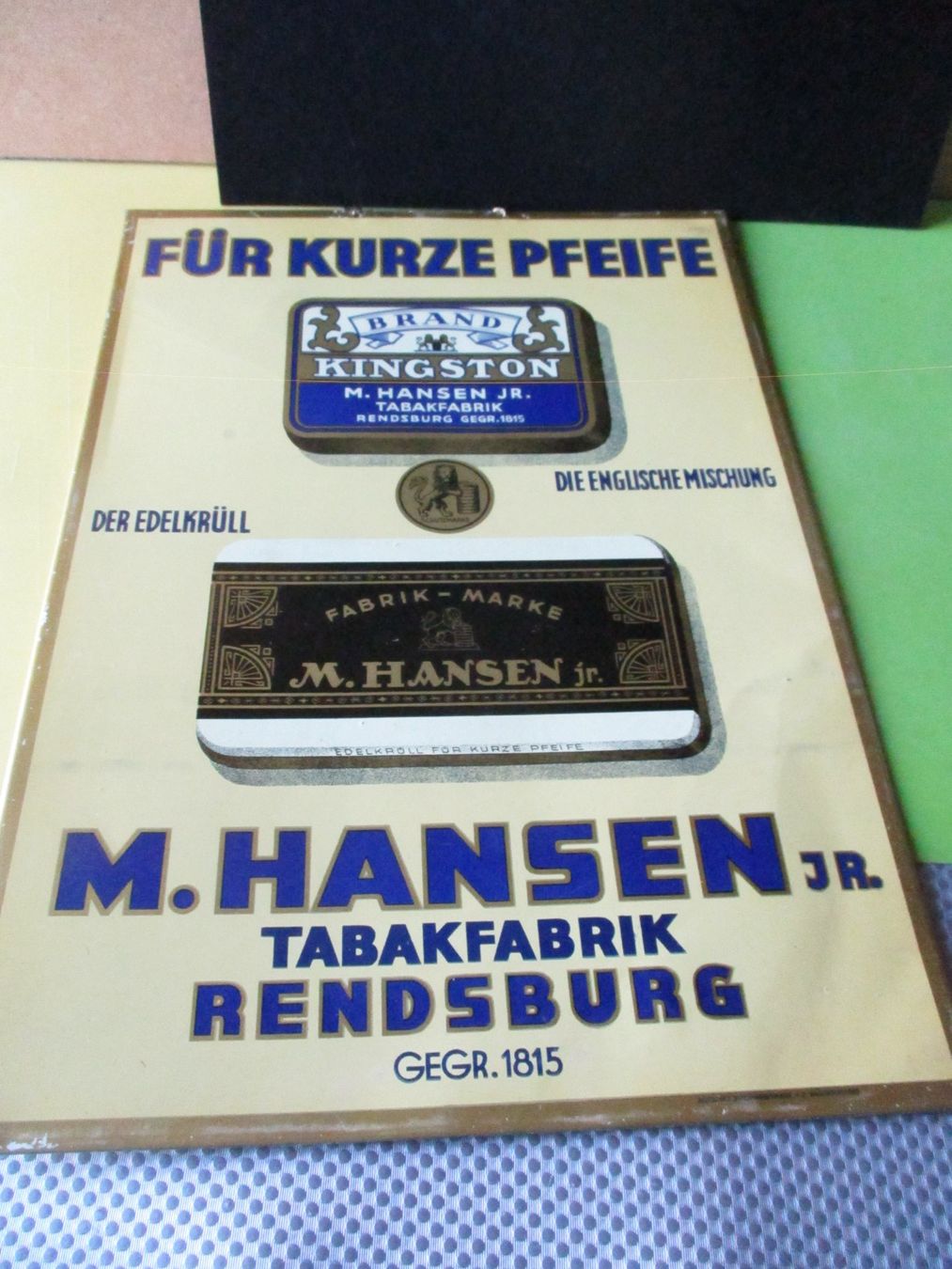 Insegne: Alte Kingston Tabak Werbung, M. Hansen  Blechschild ca.35x25 – Usato da Ottikon Gossau ZH venduto da hokuspokus 4