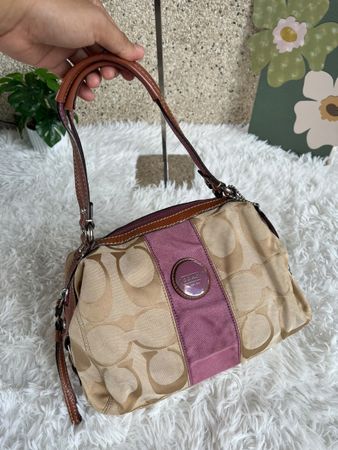 Handtasche Coach beige lila Leder Canvas 31x18cm gebraucht