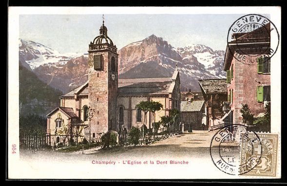 Cartoline postali: Champéry, L'Eglise et la Dent Blanche – Usato da Berlin venduto da bartko-reher