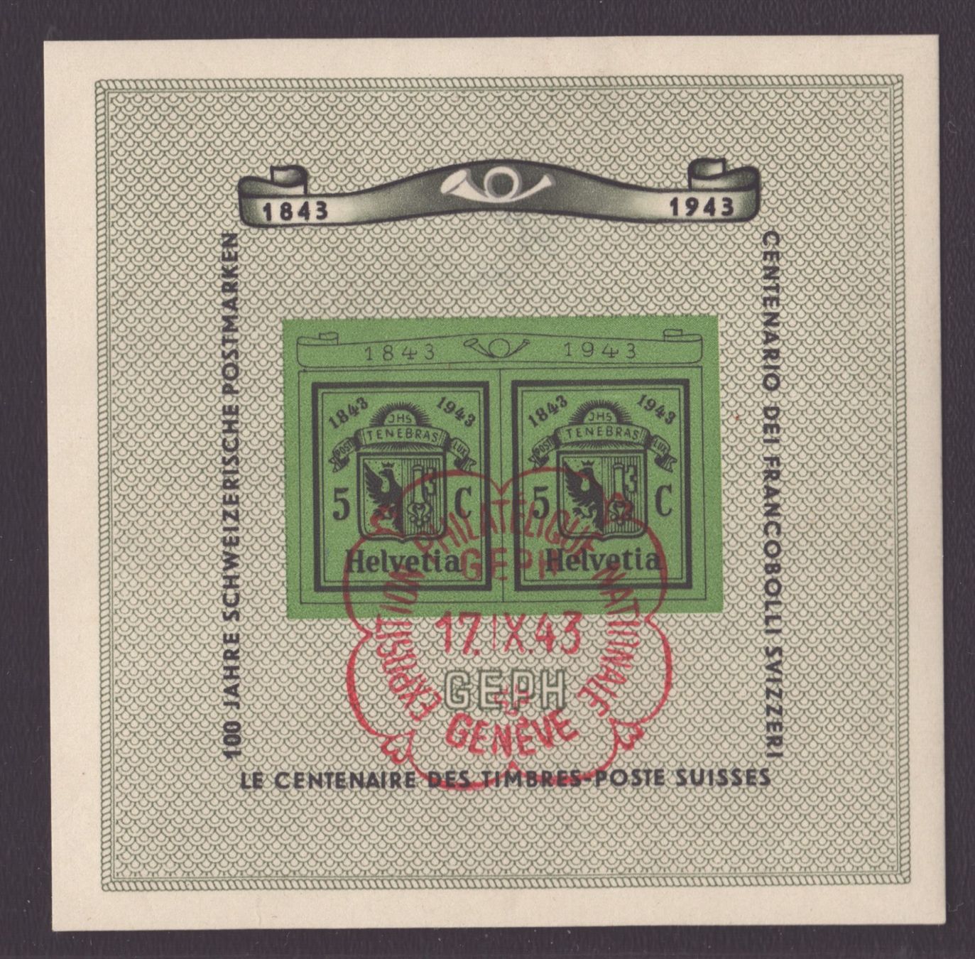 Tutti i francobolli: W18 1943 Bloc GEPH obl 17.IX.43 – Usato da Delémont venduto da Silte