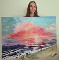 Peinture "Nuage rose sur l'océan"  faite main .Neu