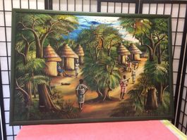 Grand tableau peinture paysage de village de Franco encadré