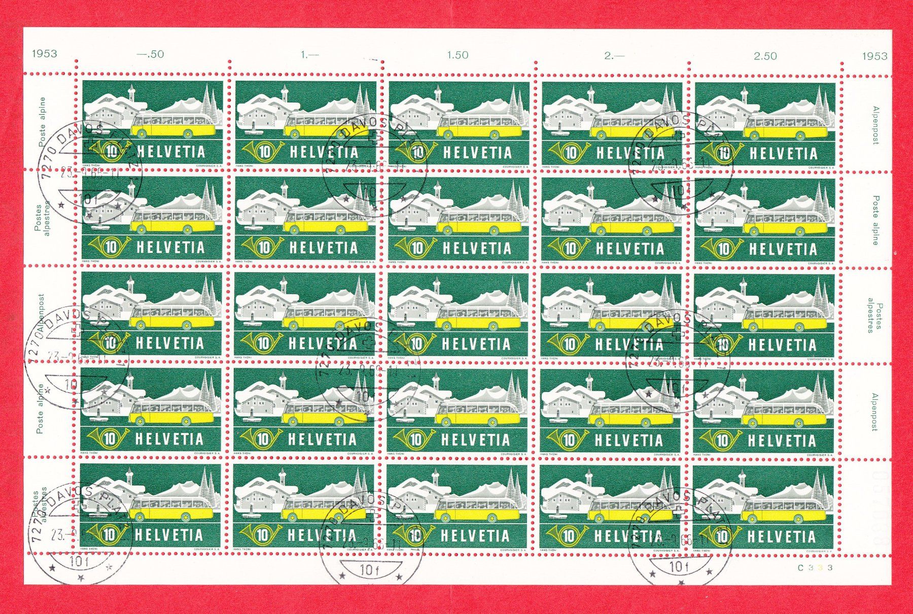 Tous les timbres: 1953  Bogen 10Rp. Postauto mit Retusche 3.03 vor Postauto – D'occasion à Adliswil par Aenti