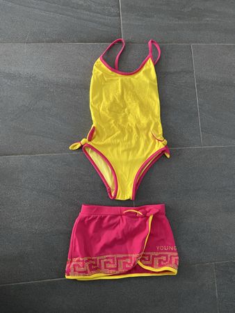 Maillot de bain 2 pièces jaune/rose enfant été, taille 4 ans