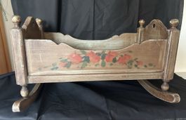 Antique Wooden Doll Cradle, Rocking Crib, Hand Painted