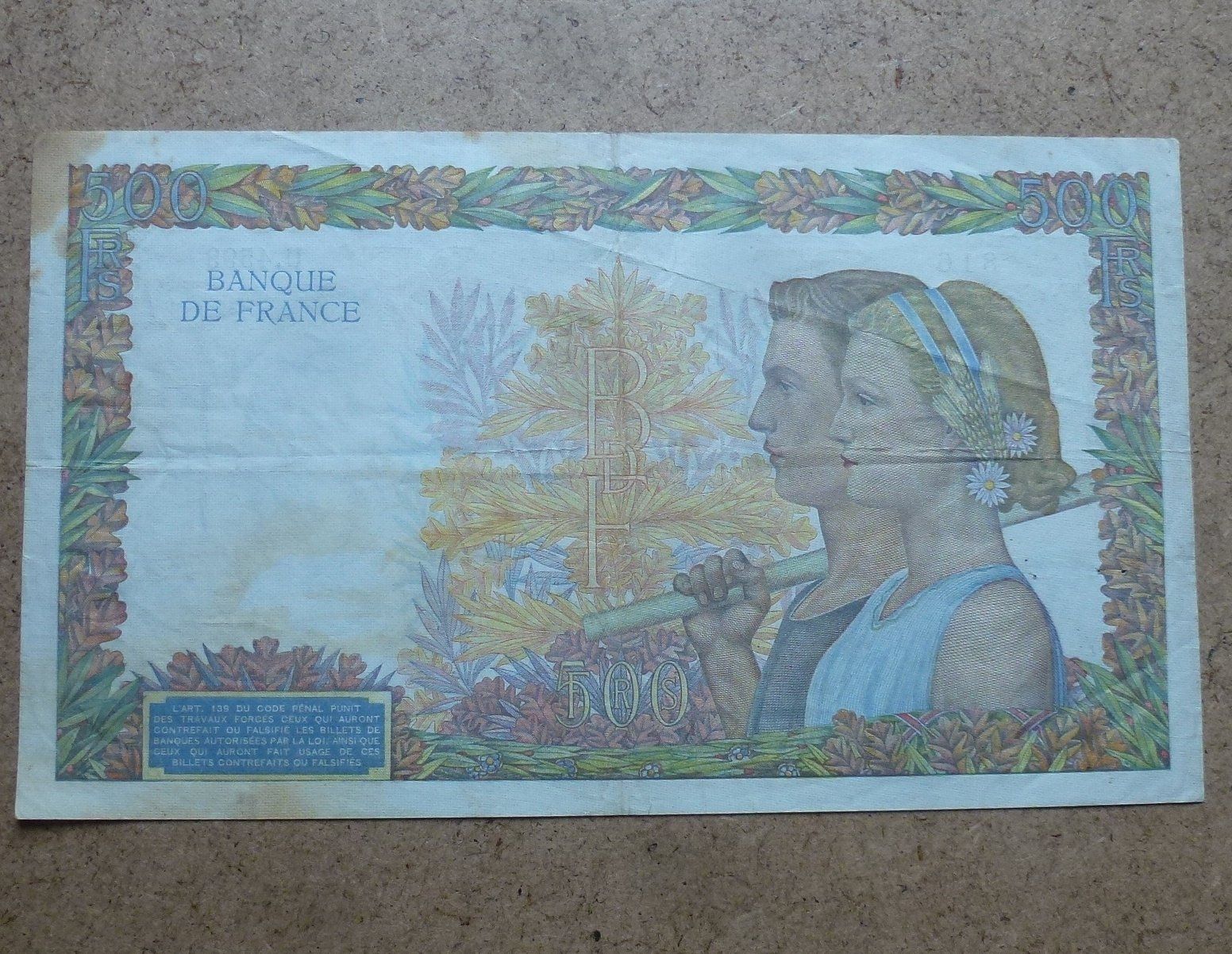 Banknoten: Frankreich ++ 500 Francs 1942 – Gebraucht aus Walkringen von Casablanca777 1