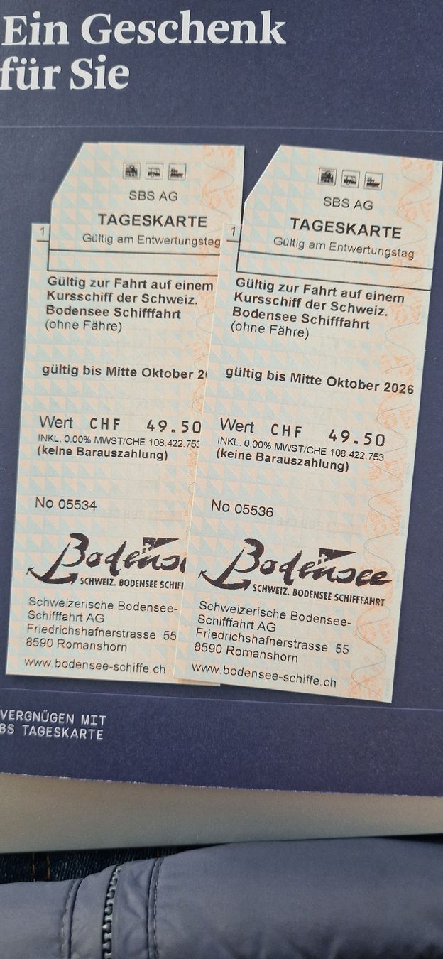 Tickets: 2x Tageskarten Schweizer Bodenseeschifffahrt, Wert 99 CHF – Neu und originalverpackt aus Kriessern von ste_b5jm