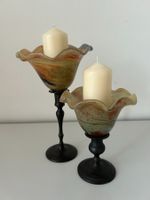 2 Bougeoirs sur pied corolle en verre pied métal fait main