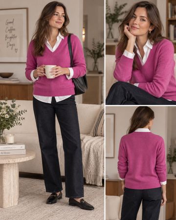 100 % Kaschmirpullover mit V-Ausschnitt – Grösse M – pink