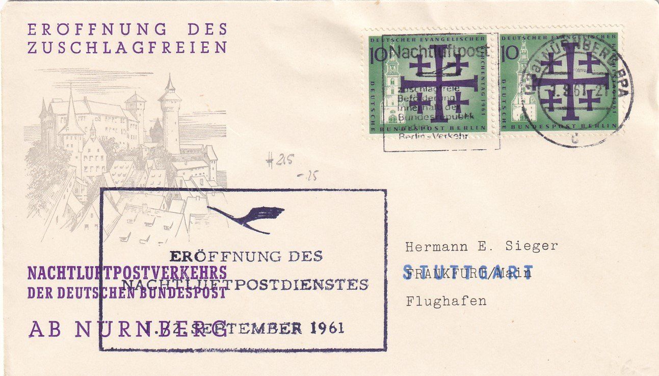 Tutti i francobolli: 1. Nachtluftpost Lufthansa Nürnberg - Stuttgart 1961 – Usato da Baar venduto da Asmara111