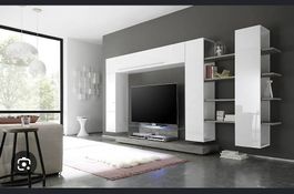 TV-Wohnwand Set 3-teilig  Weiss Hochglanz / Holzoptik